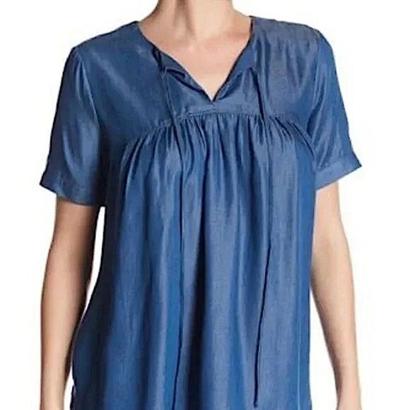 Ro + De blue Chambray blue Tie Neck Tencel Top coastal beachy lagenlook S - Picture 1 of 8